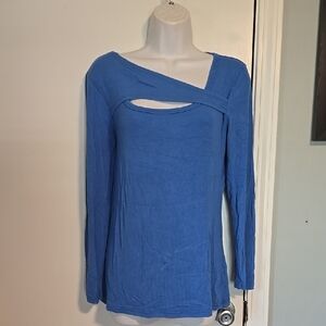Women's Blue Long Sleeve Stretch Fancy Neckline Top Sz XL